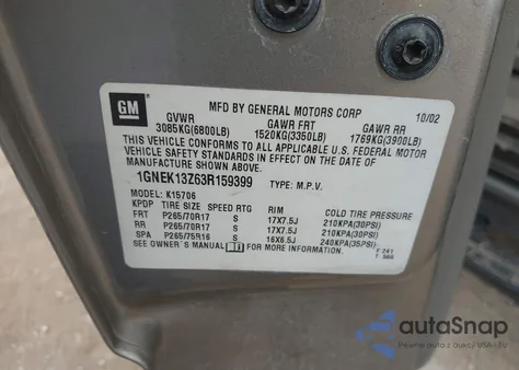 2003 Chevrolet Tahoe Z71 z USA, uszkodzony, nr VIN 1GNEK13Z63R159399